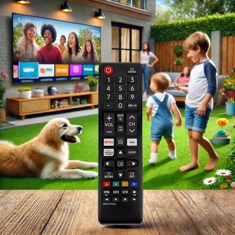 Universal Remote For Samsung LCD LED HDTV 3D Smart TVs BN59-01315J in garden with family, Netflix buttons visible