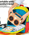 Person placing Build Your Own Bluetooth Speaker Kit For Kids And Teens No Soldering Required Easy Cool Hands On Wooden Electronics Set into a colorful backpack.