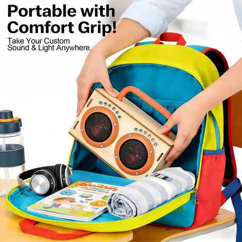 Person placing Build Your Own Bluetooth Speaker Kit For Kids And Teens No Soldering Required Easy Cool Hands On Wooden Electronics Set into a colorful backpack.