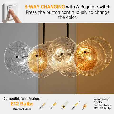 3-way changing pendant lights with multiple color temperatures, compatible with E12 bulbs, shown with a regular switch.