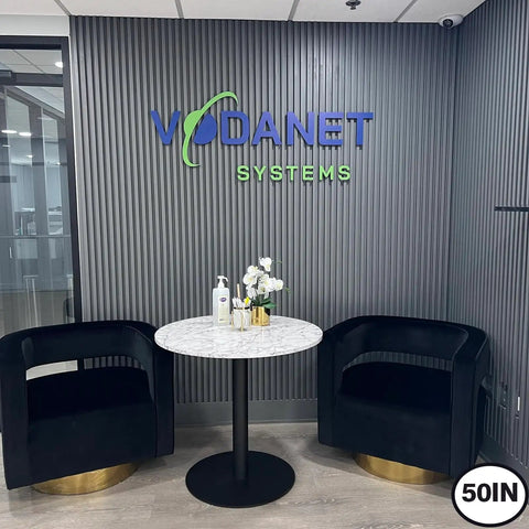 Bold Custom Acrylic Sign With Large 3D Laser Cut Logo for Salon Spa Office Storefront Wall Decor above black chairs