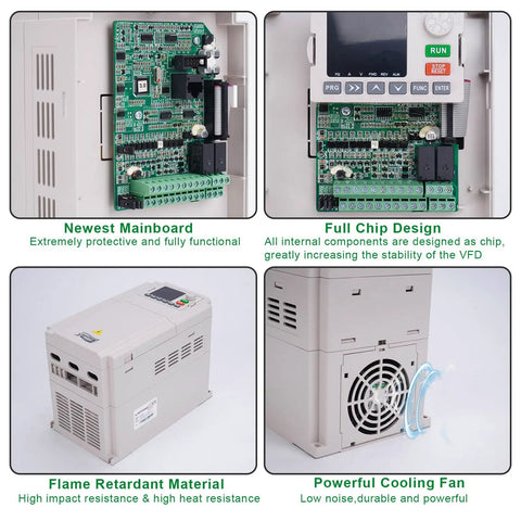 220V 20HP VFD Inverter for Single Phase to Three Phase Motors with mainboard, chip design, and cooling fan details