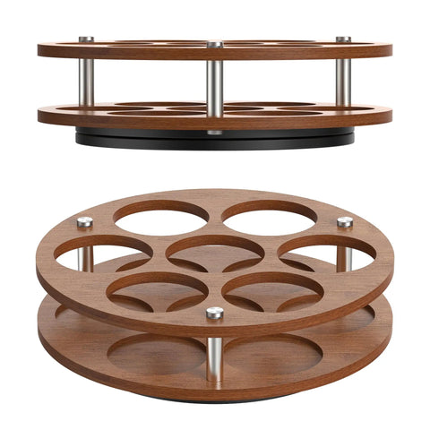 Rotate Your Home Bar Slick With This Seven Slot Coffee Syrup Organizer Rack, wooden, rotating, countertop organizer.