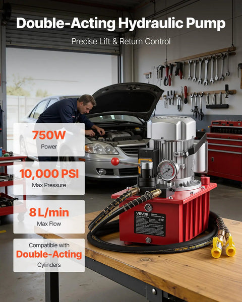 Beefed Up Electric Hydraulic Pump Power Pack 750W 120V 10000 PSI Max 8 LPM Flow Double Acting Unit in a workshop setting.