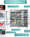 Heavy Duty Commercial Reach In Fridge With Three Tempered Glass Doors Solid Stainless Steel Kitchen Workhorse Real Deal Cold Display Cooler Designed For Busy Bars And Convenience Stores 82 Inches Wide showcasing sturdy construction with stainless steel and LED lights.