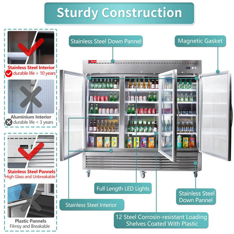 Heavy Duty Commercial Reach In Fridge With Three Tempered Glass Doors Solid Stainless Steel Kitchen Workhorse Real Deal Cold Display Cooler Designed For Busy Bars And Convenience Stores 82 Inches Wide showcasing sturdy construction with stainless steel and LED lights.