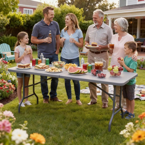 Group enjoying picnic with food on 6 Foot Folding Table With Carrying Handle, Heavy Duty Steel Frame, 1.35 Inch Thick HDPE Top, white