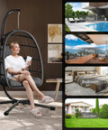 Chill Outdoor Egg Chair With Stand For Patio And Garden Hang Swing Hammock Chair With Thickened Aluminum Alloy Frame And UV Resistant Cushion, 350 Lb Capacity, Grey inside living room with person seated.