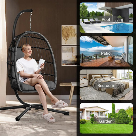 Chill Outdoor Egg Chair With Stand For Patio And Garden Hang Swing Hammock Chair With Thickened Aluminum Alloy Frame And UV Resistant Cushion, 350 Lb Capacity, Grey inside living room with person seated.