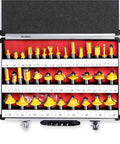 Top Shelf Flush Trim Router Bits Set With Thirty Five Tungsten Carbide Mills That Make Quick Work Of Sanding And Finish Each Wood Project With Zero Hassle Today in a storage case showing all 35 bits.