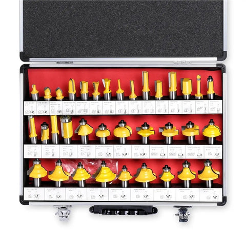 Top Shelf Flush Trim Router Bits Set With Thirty Five Tungsten Carbide Mills That Make Quick Work Of Sanding And Finish Each Wood Project With Zero Hassle Today in a storage case showing all 35 bits.