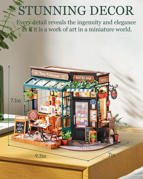 One Eighteen Scale Coffee Bar Dollhouse Kit With Led Lights Diorama Miniature House Building Kit For Adults Tipsy Restaurant Scene displayed on a table