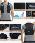 Lightweight Running Vest With Dual 17 Ounce Soft Flasks showing features like mesh fabric, reflective signs, and cell phone pocket.