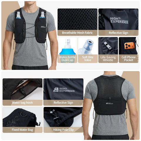 Lightweight Running Vest With Dual 17 Ounce Soft Flasks showing features like mesh fabric, reflective signs, and cell phone pocket.