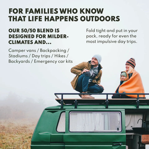 Family on camper van with Merino Wool Blend Blanket With Fifty Percent Wool, Machine Washable Throw For Camping And Survival Gear