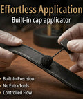 Smooth Black Leather Edge Coat With Built In Applicator for purses belts shoes and couches, showing built-in cap applicator and leather strap application.