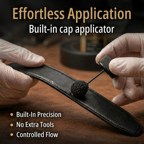 Smooth Black Leather Edge Coat With Built In Applicator for purses belts shoes and couches, showing built-in cap applicator and leather strap application.