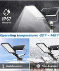 Lit Two Light Set 100W Solar Street Lights with Motion Sensor displayed in heat and frost conditions, IP67 waterproof.