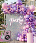 Pink And Purple Music Note Foil Balloons Set, 12 Inch Metallic Balloons Mix For Birthday Parties, Baby Showers, Weddings, Proms Or Music Themed Events, Includes Hot Pink, Pastel Purple, And Confetti Finish. Featuring a decorative balloon arch with guitar and party sign.