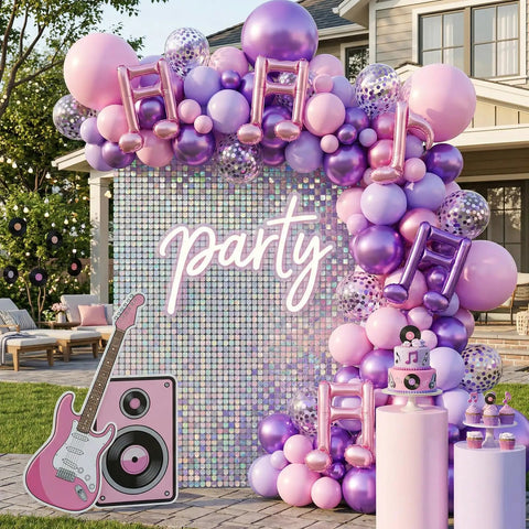 Pink And Purple Music Note Foil Balloons Set, 12 Inch Metallic Balloons Mix For Birthday Parties, Baby Showers, Weddings, Proms Or Music Themed Events, Includes Hot Pink, Pastel Purple, And Confetti Finish. Featuring a decorative balloon arch with guitar and party sign.