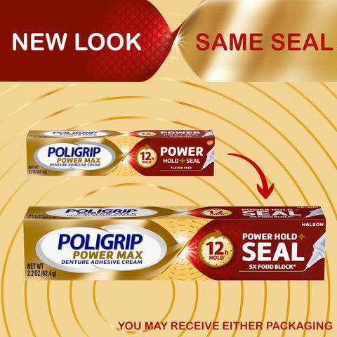 Power Max Hold Denture Adhesive Cream for Super Strong Hold and Food Seal Flavor Free 2.2 Oz Tubes Pack of 4 Clinically Proven for All Day Confidence Now packaging comparison image