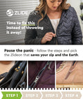 Instant Zipper Repair Kit For Plastic Zippers 1 Pc Black L5 Quick No Sew Replacement Slider shown installed on various clothing items.