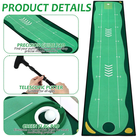 Indoor Golf Putting Mat Set With Telescoping Putter Mini Golf Green Kit details and components shown in image