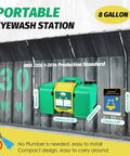 Heavy Duty Portable Eye Wash Station Featuring Eight Gallon Tank For Rapid Emergency Care No Plumbing Hassle Wall Mount Or Freestanding Setup Built Tough And Ready To Roll When You Need It Most with dimensions displayed.