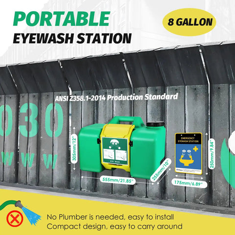 Heavy Duty Portable Eye Wash Station Featuring Eight Gallon Tank For Rapid Emergency Care No Plumbing Hassle Wall Mount Or Freestanding Setup Built Tough And Ready To Roll When You Need It Most with dimensions displayed.