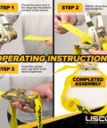 Image showing operating instructions for yellow hookless endless ratchet straps with 6,000 lb break strength.