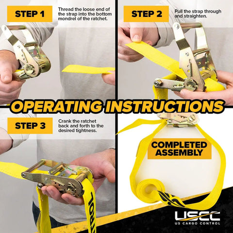 Image showing operating instructions for yellow hookless endless ratchet straps with 6,000 lb break strength.