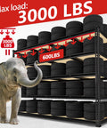 60 Inch Wide Heavy Duty Garage Storage Shelves, 72 Inch Tall Metal Racking System That Holds Up To 3000 Pounds Per Shelf, Perfect For Tires, Large Boxes, Fish Tanks, Reptile Enclosures, Tools And More. Tire rack shown with 3000 lbs load and 600 lbs per shelf