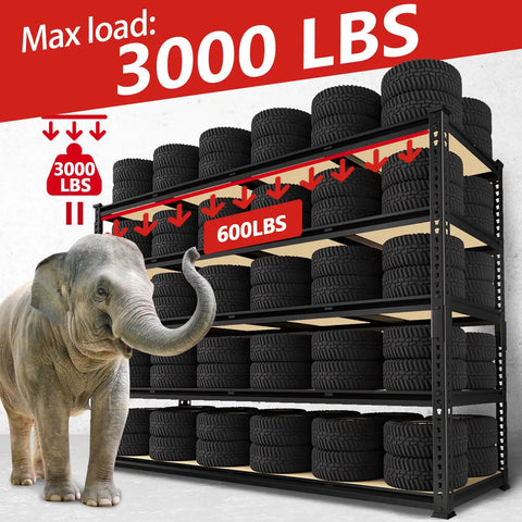 60 Inch Wide Heavy Duty Garage Storage Shelves, 72 Inch Tall Metal Racking System That Holds Up To 3000 Pounds Per Shelf, Perfect For Tires, Large Boxes, Fish Tanks, Reptile Enclosures, Tools And More. Tire rack shown with 3000 lbs load and 600 lbs per shelf