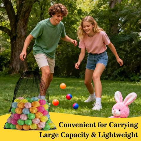 Children playing outdoors with a nylon net bag filled with colorful balls, showcasing the 7 Pack Colorful Mesh Drawstring Bags 18x12 Inch Breathable Nylon Net Storage For Travel Gym Home And Everyday Carry Essentials Heavy Duty Lightweight Organizer With Drawstring Closure For Sports Gear Toys And More.