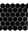 Dope Glossy Black Porcelain Hex Mosaic Tile For Floors And Walls, Mesh-Mounted 2 Inch Pieces, 11.13 x 12.63 Inch Sheets
