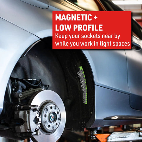 Tough As Nails Flexible Magnetic Socket Holder Rail That Bends Any Which Way And Locks Your 1/4 Inch Drives Tight To Steel Tops For Sweet Garage Organization In Bright Green