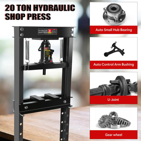 Heavy Duty Hydraulic Shop Press engineered for maximum tonnage with precision dies for automotive tasks and quick release valve.