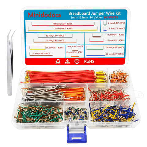 Extensive 560 Pcs Jumper Wire And Breadboard Kit With 14 Lengths, 830 Tie Point Breadboard, Two 400 Tie Point Boards, Tweezers, 34 Cm Alligator Clip Test Leads, And Clear Plastic Storage Box For Easy Prototyping, open with wires.