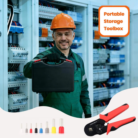 All In One Ferrule Crimp Tool Kit With 1800 Ferrules For AWG 23 To 7 Wire Sizes 0.5 To 10 Square Millimeters shown with a portable storage toolbox