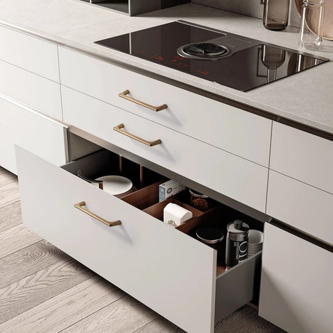 Modern kitchen with Champagne Bronze Cabinet Pulls 5 Inch 128mm 10 Pack Cupboard Handles installed on white drawers