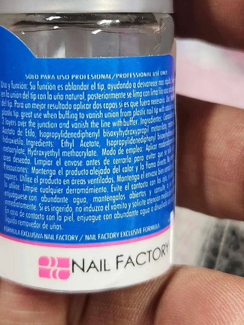 Tip Blender For Nail Tips 15Ml Softener For Acrylic And Gel Tips Helps Blend Artificial And Natural Nails Reducing Breakage And Making Application Smoother For Easier At Home Manicures. Nail Factory bottle label close-up