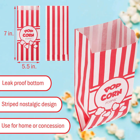 Carnival Themed 200 1oz Paper Popcorn Bags Concession Grade For Popcorn Machines And Popcorn Bars Perfect For Movie Nights Parties And Concessions Snack Station Supplies, featuring red and white stripes