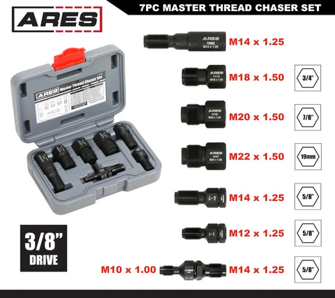 ARES 7-piece master thread chaser set in storage case with M14x1.25, M18x1.50, M20x1.50, M22x1.50, M12x1.25, M10x1.00