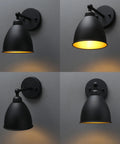 Industrial Hardwire Wall Sconce With Old School Farmhouse Vibe Right Angled Rustic Metal Lampshade, Black Finish, Four Views