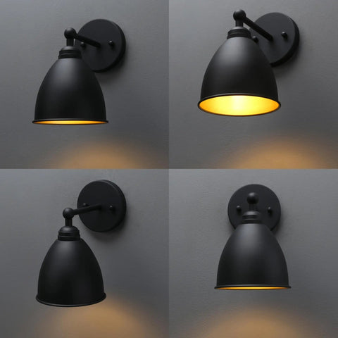 Industrial Hardwire Wall Sconce With Old School Farmhouse Vibe Right Angled Rustic Metal Lampshade, Black Finish, Four Views