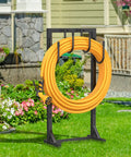 Rugged Heavy Duty Garden Hose Holder Reel With Four Large Hooks in garden, sturdy frame supports 150 ft hose without bending