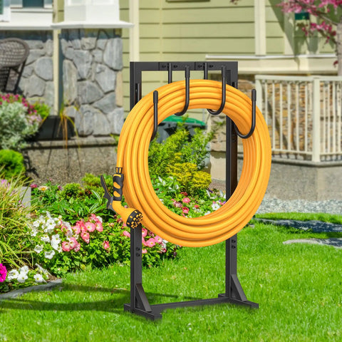 Rugged Heavy Duty Garden Hose Holder Reel With Four Large Hooks in garden, sturdy frame supports 150 ft hose without bending