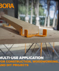 Universal 2x4 Support Bracket Four Pack Top Shelf Jig on a wooden workbench securing a plank for woodworking tasks.