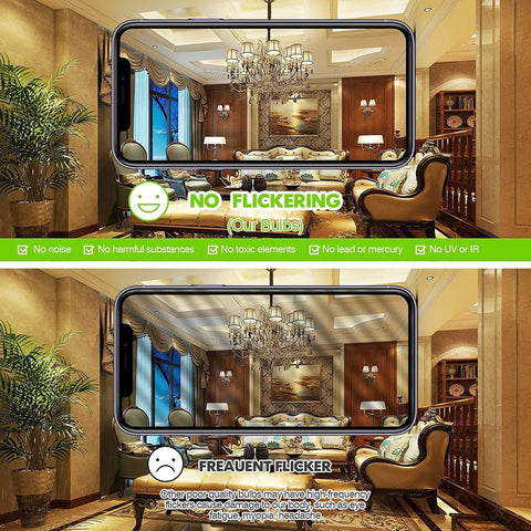 Comparison showing no flicker with Small A15 Bulb 3W 25W Equivalent Budget Friendly Warm White 2700K Energy Saving Light Bulbs