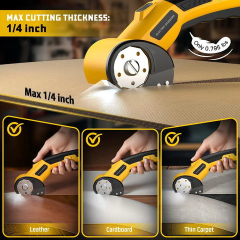 Rechargeable Cordless Electric Scissors With LED Light and Two Extra Blades for Cardboard Cutting 0.25 Inch Thick 320RPM cutting through cardboard.